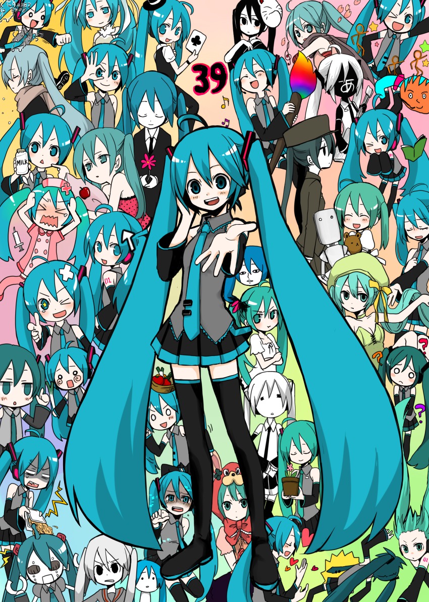 1925_(vocaloid), 39, 6+girls, ?, aaaaaaaaaaaaaa_(vocaloid), absurdres, ahoge, ai_kotoba_(vocaloid), aqua_eyes, aqua_hair, bear, boots, bow, instant_cup_noodles, detached_sleeves, electric_angel_(vocaloid), flat_chest, flower, green_hair, gyuunyuu_nome!_(vocaloid), hajime_no_koi_ga_owaru_(vocaloid), hajimete_no_koi_ga_owaru_toki_(vocaloid), hat, hatsune_miku, hatsune_miku_(saihate), hatsune_miku_no_shoushitsu_(vocaloid), headphones, heart, hello_planet_(vocaloid), high_sense_nonsense_(vocaloid), highres, ievan_polkka, ievan_polkka_(vocaloid), instant_noodles, instant_soba, kiiro_byoutou_(vocaloid), koiiro_byoutou_(vocaloid), lol_-lots_of_laugh-_(vocaloid), long_hair, marionette_(vocaloid), mask, miku_miku_ni_shite_ageru_(vocaloid), mikunologie_(vocaloid), mini_hat, mini_top_hat, miracle_paint_(vocaloid), multiple_girls, multiple_persona, musical_note, musunde_hiraite_rasetsu_to_mukuro_(vocaloid), niboshi, nurse, one_eye_closed, open_mouth, outstretched_hand, paintbrush, pair&amp;young_davah_(vocaloid), pillow, plant, pleated_skirt, poppippoo_(vocaloid), potted_plant, robot, romeo_to_cinderella_(vocaloid), saihate_(vocaloid), scarf, shiteyan'yo, skirt, smile, songover, spica_(vocaloid), spring_onion, star_(symbol), syringe, tears, thigh_boots, thighhighs, top_hat, twintails, very_long_hair, vocaloid, voice_(vocaloid), waribashi_onna_(vocaloid), white_hair, world_is_mine_(vocaloid), yakisoba