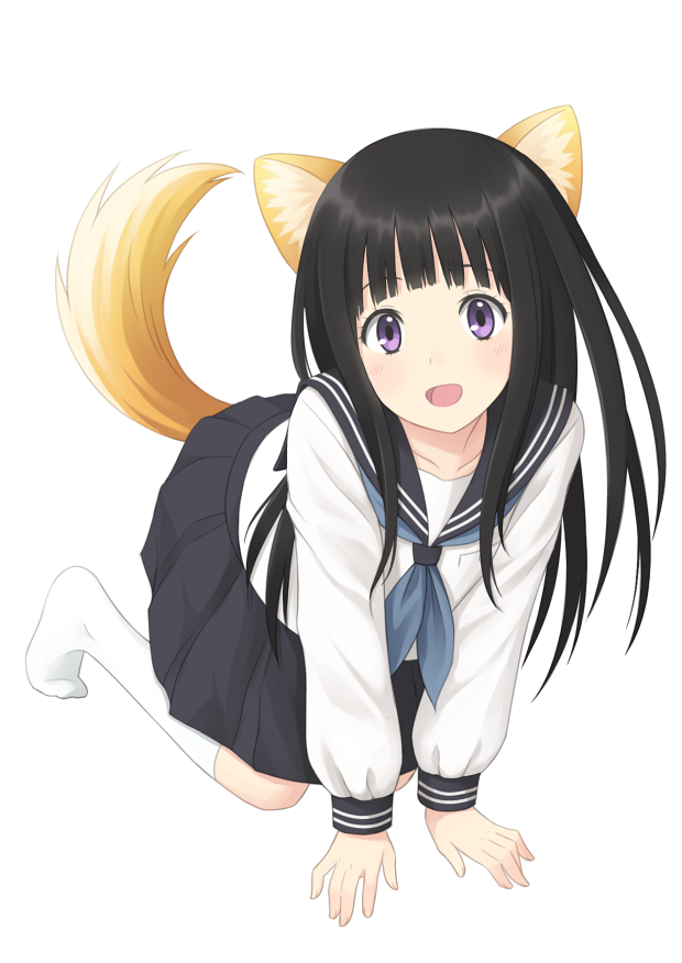 10s, 1girl, all_fours, animal_ears, black_hair, blunt_bangs, chitanda_eru, dog_ears