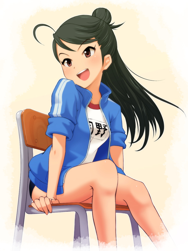 10s, 1girl, :d, ahoge, argon_(argon18), arm_support, black_hair, blush