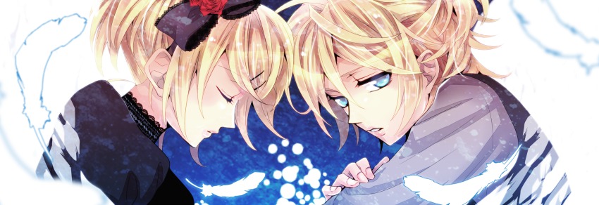 1boy, 1girl, blonde_hair, blue_eyes, brother_and_sister, feathers, hair_ornament, hair_ribbon