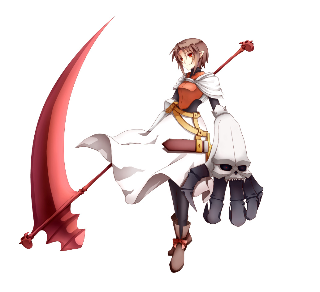 1girl, armor, armored_dress, asc_(sfhiro), belt, brown_hair, claws, dress, female_focus, full_body, gloves, hillo, hiro_(spectral_force), holding_behind_back, holding_polearm, holding_polearm_behind_back, holding_weapon, holding_weapon_behind_back, pointy_ears, polearm, red_eyes, scythe, shoes, short_hair, solo, spectral_(series), spectral_force, spectral_souls, white_background, white_dress