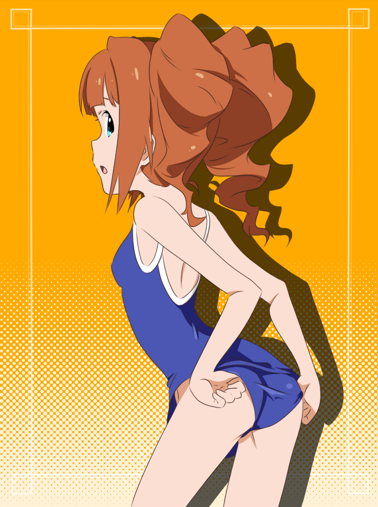 1girl, ass, competition_school_swimsuit, female_focus, flat_ass, from_behind, idolmaster, idolmaster_(classic), long_hair, looking_back, one-piece_swimsuit, orange_hair, school_swimsuit, shotarou, solo, swimsuit, takatsuki_yayoi, twintails