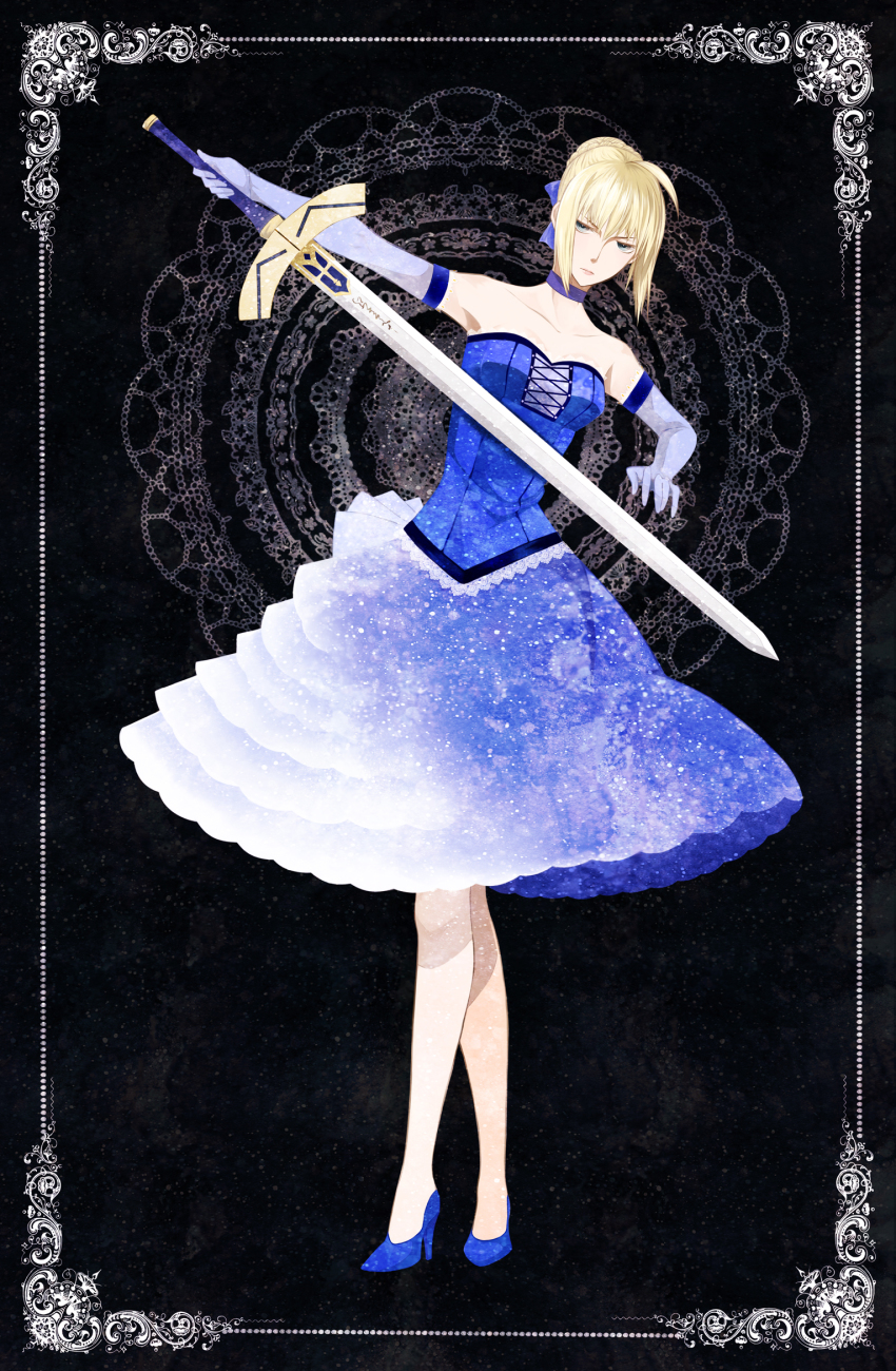 1girl, ahoge, alternate_costume, artoria_pendragon_(fate), dress, elbow_gloves, excalibur_(fate/stay_night), fate/zero, fate_(series), female_focus, gloves, green_eyes, hair_ribbon, high_heels, highres, ribbon, saber_(fate), shoes, solo, suu_(hinoya69), sword, weapon