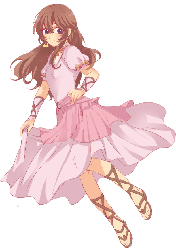 1girl, bridal_gauntlets, brown_hair, cross-laced_footwear, dress, earrings, fate/zero, fate_(series)