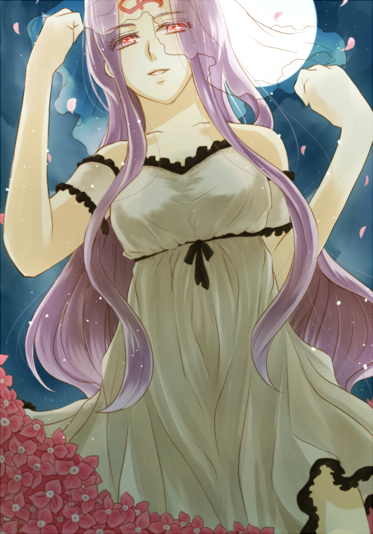 1girl, armband, bougainvillea_(flower), dress, facial_mark, fate/stay_night, fate_(series), female_focus, flower, forehead_mark, full_moon, glowing, glowing_eyes, long_hair, medusa_(fate), medusa_(rider)_(fate), moon, off_shoulder, purple_hair, red_eyes, solo, veil, yuki510