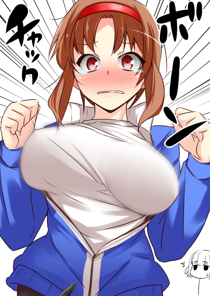 2girls, bad_id, bad_pixiv_id, blush, breasts, brown_eyes, brown_hair, bursting_breasts, chibi, chibi_inset, d-frag!, embarrassed, hairband, highres, jacket, large_breasts, motion_blur, motion_lines, multiple_girls, shibasaki_roka, speed_lines, takao_(d-frag!), tears, track_jacket, yamane_akira