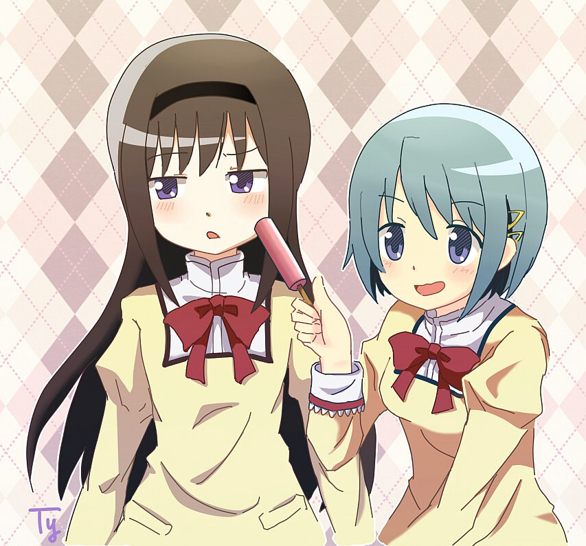 10s, 2girls, akemi_homura, black_hair, blue_eyes, blue_hair, bow, cheek_poking, food, hair_ornament, hairband, hairclip, long_hair, mahou_shoujo_madoka_magica, mahou_shoujo_madoka_magica_(anime), miki_sayaka, multiple_girls, open_mouth, poking, popsicle, purple_eyes, school_uniform, tiyori