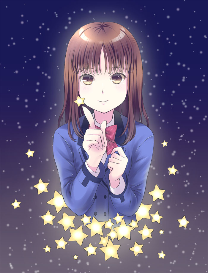 1girl, bad_id, bad_pixiv_id, bow, brown_eyes, brown_hair, female_focus, protagonist_(tokimemo_gs3), school_uniform, smile, solo, star_(symbol), tokimeki_memorial, tokimeki_memorial_girl's_side, tokimeki_memorial_girl's_side_3rd_story, ugajin_miyo, unya_(unya-unya)
