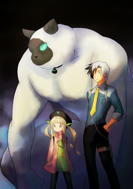 1boy, 1girl, animal, black_hair, black_hat, blonde_hair, blue_eyes, cat