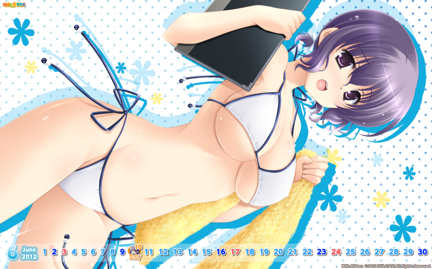 10s, 1girl, 2012, asaka_minako, bikini, blush, breasts, calendar, cleavage, collarbone, dutch_angle, female_focus, floral_background, hair_ribbon, highres, holding, ikegami_akane, june, large_breasts, looking_at_viewer, navel, open_mouth, purple_eyes, purple_hair, ribbon, short_hair, side-tie_bikini_bottom, solo, string_bikini, swimsuit, teeth, towel, underboob, white_background, white_bikini, with_ribbon