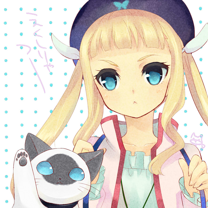 1girl, :<, animal, black_hat, blonde_hair, blue_eyes, cat, elle_mel_marta