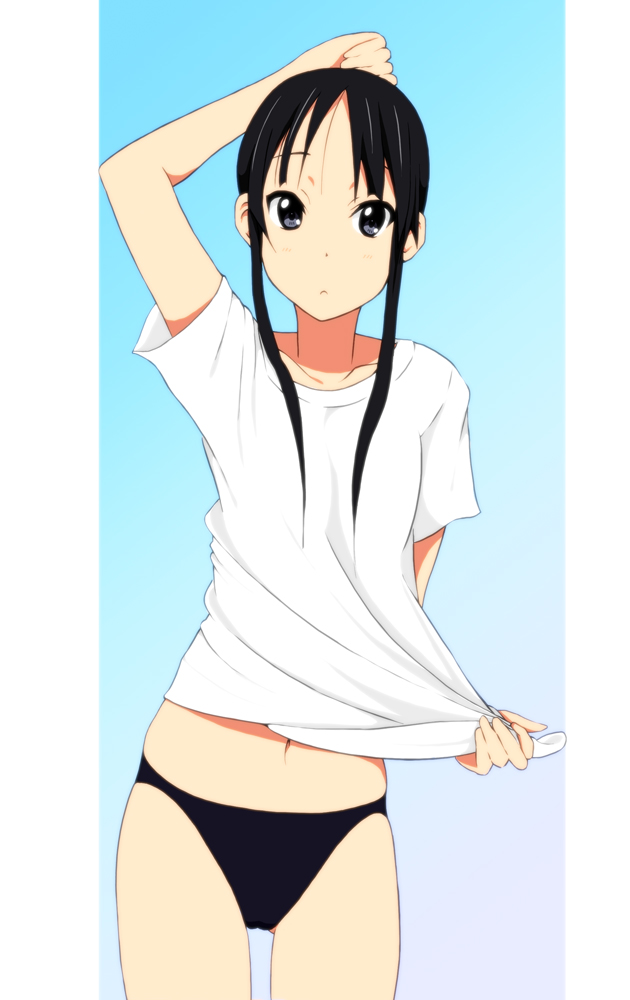 1girl, akiyama_mio, alternate_hairstyle, bad_id, bad_pixiv_id, bikini, black_eyes, black_hair, black_panties, blush, hime_cut, k-on!, kaiman, long_hair, navel, official_style, panties, ponytail, school_uniform, simple_background, swimsuit, underwear