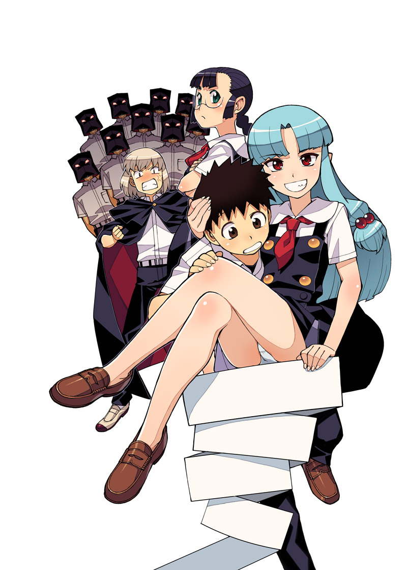 2boys, 2girls, bare_legs, blue_hair, brown_eyes, brown_hair, chikaishi_chisato, hamada_yoshikazu