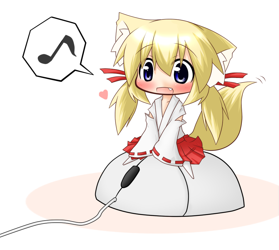 1girl, animal_ears, blonde_hair, blue_eyes, blush, chibi, computer_mouse, fang