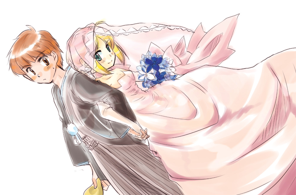 1boy, 1girl, ahoge, artoria_pendragon_(fate), blonde_hair, couple, dress, emiya_shirou, fate/stay_night, fate_(series), flower, green_eyes, hetero, holding_hands, izumiyamisono, red_hair, saber_(fate), veil, wedding, wedding_dress