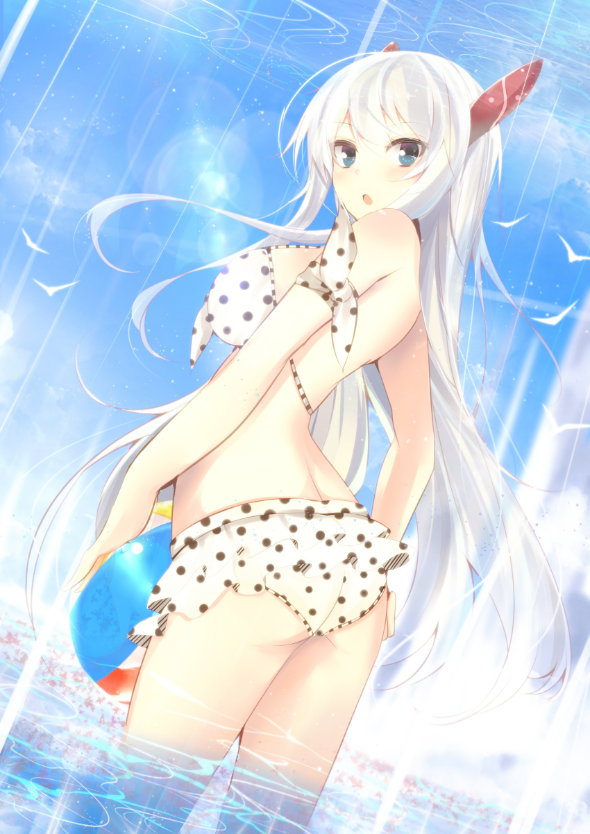 1girl, absurdres, ass, ball, beachball, benio_(dontsugel), bikini, bird, blue_eyes, day, dutch_angle, female_focus, frilled_bikini, frills, headgear, highres, lens_flare, long_hair, looking_at_viewer, looking_back, nmaaaaa, open_mouth, original, outdoors, polka_dot, polka_dot_swimsuit, silver_hair, sky, soaking_feet, solo, standing, swimsuit, wading, water