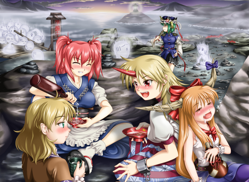 5girls, ^_^, alcohol, anger_vein, arm_warmers, belt, blonde_hair, blush, boat, bottle, bow, breasts, bubble, buttons, chain, child, chimu, closed_eyes, cloud, cuffs, cup, drooling, drunk, eye_contact, fang, female_focus, fingernails, flower, frown, geta, ghost, green_eyes, green_hair, hair_bobbles, hair_bow, hair_ornament, hat, hitodama, horn_ornament, horn_ribbon, horns, hoshiguma_yuugi, ibuki_suika, jitome, lighthouse, long_sleeves, looking_at_another, looking_away, medium_breasts, mizuhashi_parsee, mountain, multiple_girls, oar, onozuka_komachi, open_mouth, orange_hair, pier, pointy_ears, profile, red_eyes, red_flower, red_hair, ribbon, river, rod_of_remorse, sakazuki, sake, shackles, shiki_eiki, shirt, short_sleeves, sign, single_horn, sitting, skirt, sky, sleeveless, sleeveless_shirt, small_breasts, smile, spider_lily, squeans, star_(symbol), stone, tabi, teeth, tongue, touhou, twilight, twintails, two_side_up, vest, watercraft, wrist_cuffs
