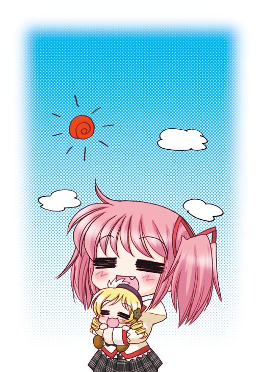 10s, 2girls, =_=, blonde_hair, chibi, fang, kaname_madoka, mahou_shoujo_madoka_magica, mahou_shoujo_madoka_magica_(anime), multiple_girls, oota_minoru, pink_hair, short_twintails, sky, sun, tomoe_mami, twintails