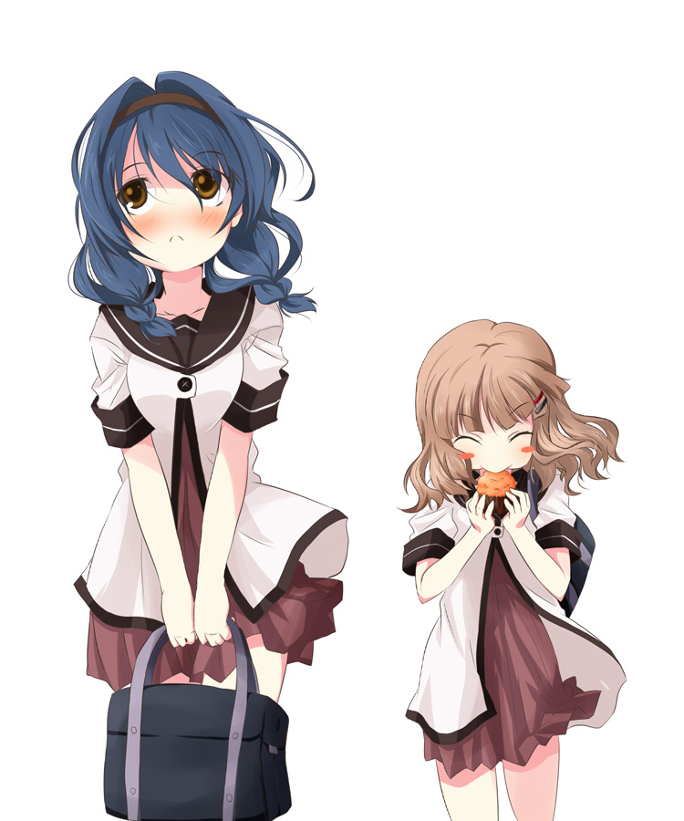 2girls, bad_id, bad_pixiv_id, bag, blush, blush_stickers, braid, dress, eating, food, furutani_himawari, hair_ornament, hairband, hairclip, ko-chin, muffin, multiple_girls, oomuro_sakurako, parallel_hairclips, sailor_dress, school_bag, school_uniform, serafuku, yuruyuri