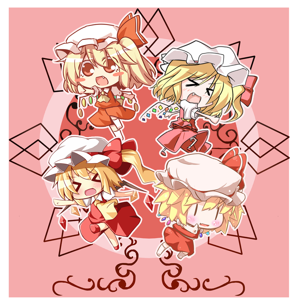 >_<, 4girls, artist_collaboration, ascot, blonde_hair, blush, blush_stickers, chibi