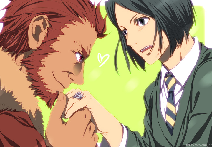 2boys, bad_id, bad_pixiv_id, beard, black_eyes, black_hair, blush, cape