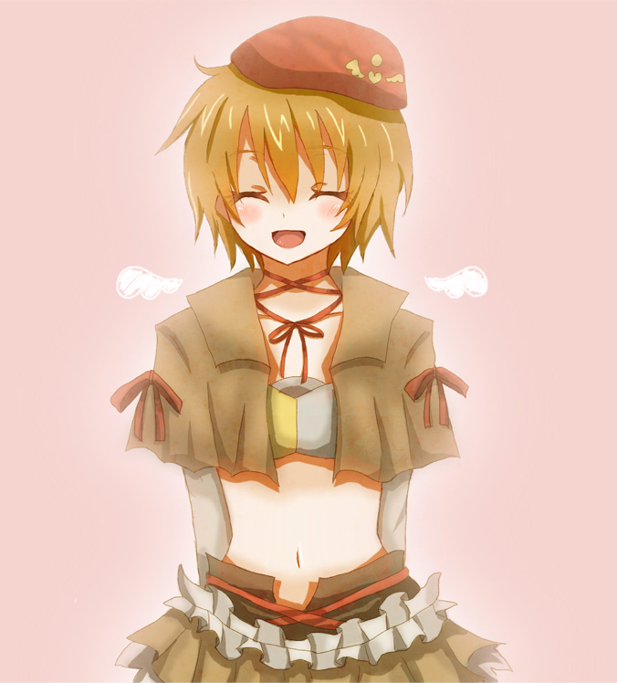 1girl, beret, blush, brown_hair, closed_eyes, frills, hat, luminous_arc