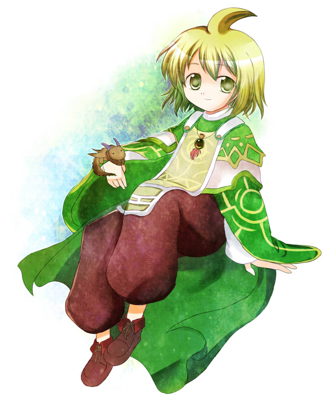 1boy, ahoge, dragon, green_eyes, green_hair, horns, jewelry, luminous_arc, necklace, pants, shoes, smile, tail, theo_(luminous_arc), wings