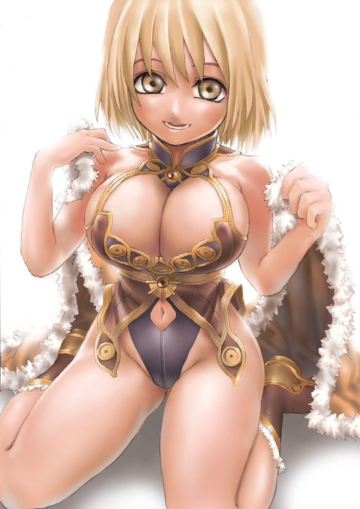 1girl, asanagi, blonde_hair, breasts, brown_eyes, cape, cleavage, clothing_cutout