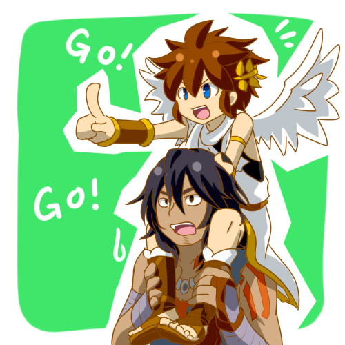 2boys, age_difference, angel, angel_wings, black_hair, blue_eyes, brown_hair, carrying