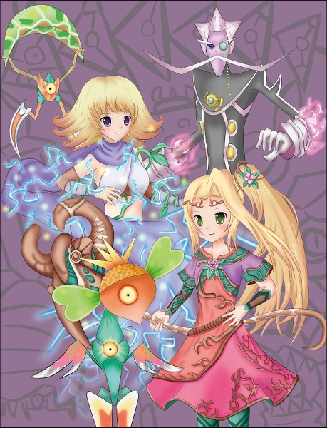 1boy, 2girls, arlon_(kid_icarus), artist_request, blonde_hair, colored_skin, dress, electricity, facial_hair, gloves, green_eyes, kid_icarus, kid_icarus_uprising, long_hair, monocle, multiple_girls, mustache, nintendo, nutski, one-eyed, phosphora, ponytail, purple_eyes, purple_skin, scar, short_hair, staff, viridi, white_hair