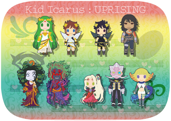 4girls, 5boys, angel, arlon_(kid_icarus), black_hair, blonde_hair, blue_eyes, brown_eyes, brown_hair, chibi, dark_persona, dark_pit, dress, dual_persona, electricity, english_text, facial_hair, frown, gloves, green_eyes, green_hair, hades_(kid_icarus), heart, hiroka_m, jewelry, kid_icarus, kid_icarus_uprising, long_hair, lots_of_jewelry, magnus_(kid_icarus), medusa_(kid_icarus), monocle, multiple_boys, multiple_girls, mustache, nintendo, pale_skin, palutena, phosphora, pit_(kid_icarus), plant, ponytail, purple_eyes, red_eyes, scarf, short_hair, smile, snake, tattoo, thighhighs, tunic, very_long_hair, vines, viridi, white_eyes, white_hair, wings, wreath, yellow_eyes