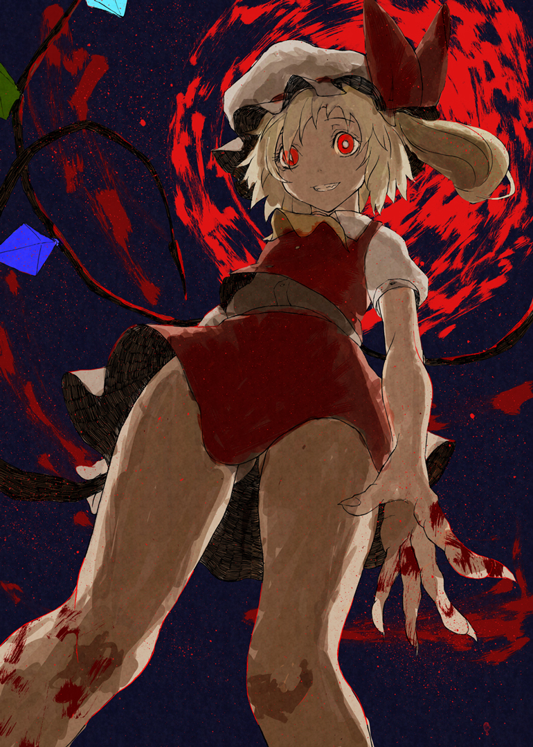 1girl, ascot, blonde_hair, blood, female_focus, flandre_scarlet, from_below, gluteal_fold, grin, hat, long_hair, red_eyes, sabiirodoramu, short_hair, side_ponytail, skirt, skirt_set, smile, solo, touhou, wings
