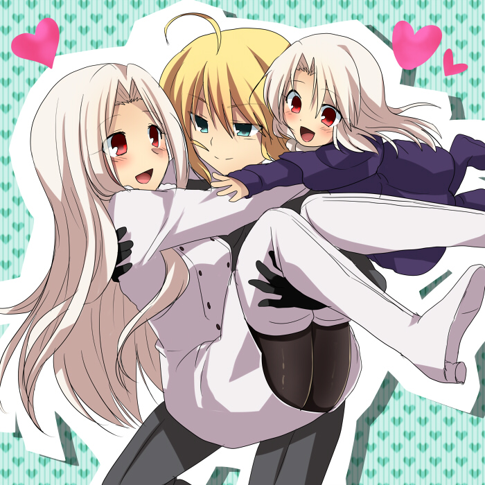 3girls, ahoge, androgynous, artoria_pendragon_(fate), bettyannnewaters, black_gloves, black_legwear, blonde_hair, boots, bracelet, carrying, chain, couple, dress, fate/zero, fate_(series), formal_clothes, gloves, green_eyes, hair_ribbon, illyasviel_von_einzbern, irisviel_von_einzbern, jewelry, long_hair, marimo_danshaku, mother_and_child, mother_and_daughter, multiple_girls, necklace, pant_suit, pants, pantyhose, parent_and_child, princess_carry, red_eyes, reverse_trap, ribbon, saber_(fate), suit, thigh_boots, thighhighs, white_hair, yuri