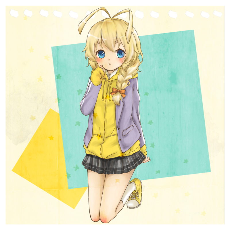 1boy, :<, ahoge, antenna_hair, bad_id, bad_pixiv_id, blonde_hair, blue_eyes, blush, braid, crossdressing, crossdressing_(mtf), full_body, haiyore!_nyaruko-san, hastur_(nyaruko-san), hood, hoodie, male_focus, mnmktn, open_mouth, ribbon, shoes, single_braid, skirt, sneakers, socks, solo, trap