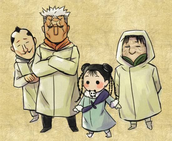 1girl, 3boys, animal, animal_in_clothes, black_hair, blush, double_bun, fullmetal_alchemist