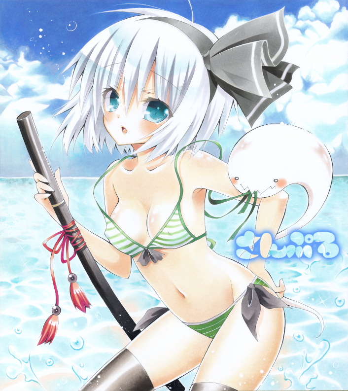 1girl, assisted_exposure, ayuayu_(chisuke_ayu), bad_id, bad_pixiv_id, bare_shoulders, bikini, bikini_pull, black_thighhighs, blue_eyes, blush, breasts, cleavage, clothes_pull, collarbone, covered_erect_nipples, day, female_focus, ghost, green_bikini, hairband, hitodama, katana, konpaku_youmu, konpaku_youmu_(ghost), marker_(medium), medium_breasts, navel, ocean, open_mouth, sample_watermark, scabbard, sheath, sheathed, short_hair, side-tie_bikini_bottom, silver_hair, solo, striped_bikini, striped_clothes, swimsuit, sword, thighhighs, touhou, traditional_media, untied, wardrobe_malfunction, water, watermark, weapon