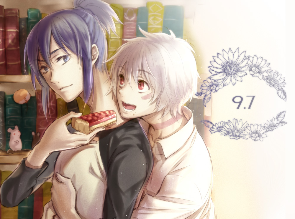 2boys, blue_hair, brown_hair, food, food_on_face, hug, hug_from_behind, kanou