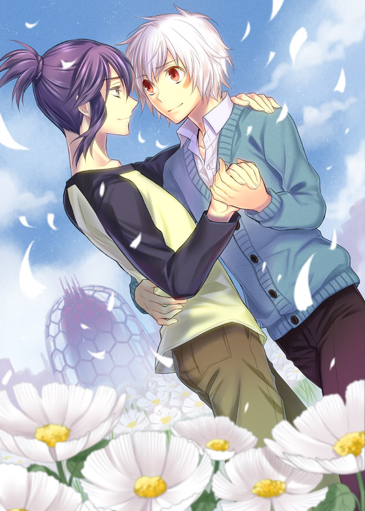 2boys, blue_hair, brown_hair, cardigan, flower, kanou, kanou_ayumi, multiple_boys