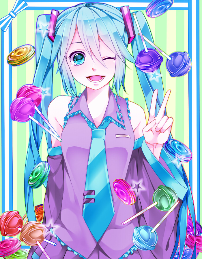 1girl, aqua_eyes, aqua_hair, bad_id, bad_pixiv_id, candy, detached_sleeves, female_focus, food, hatsune_miku, lollipop, long_hair, necktie, one_eye_closed, open_mouth, rabuka, solo, star_(symbol), striped_background, twintails, v, vocaloid, wink