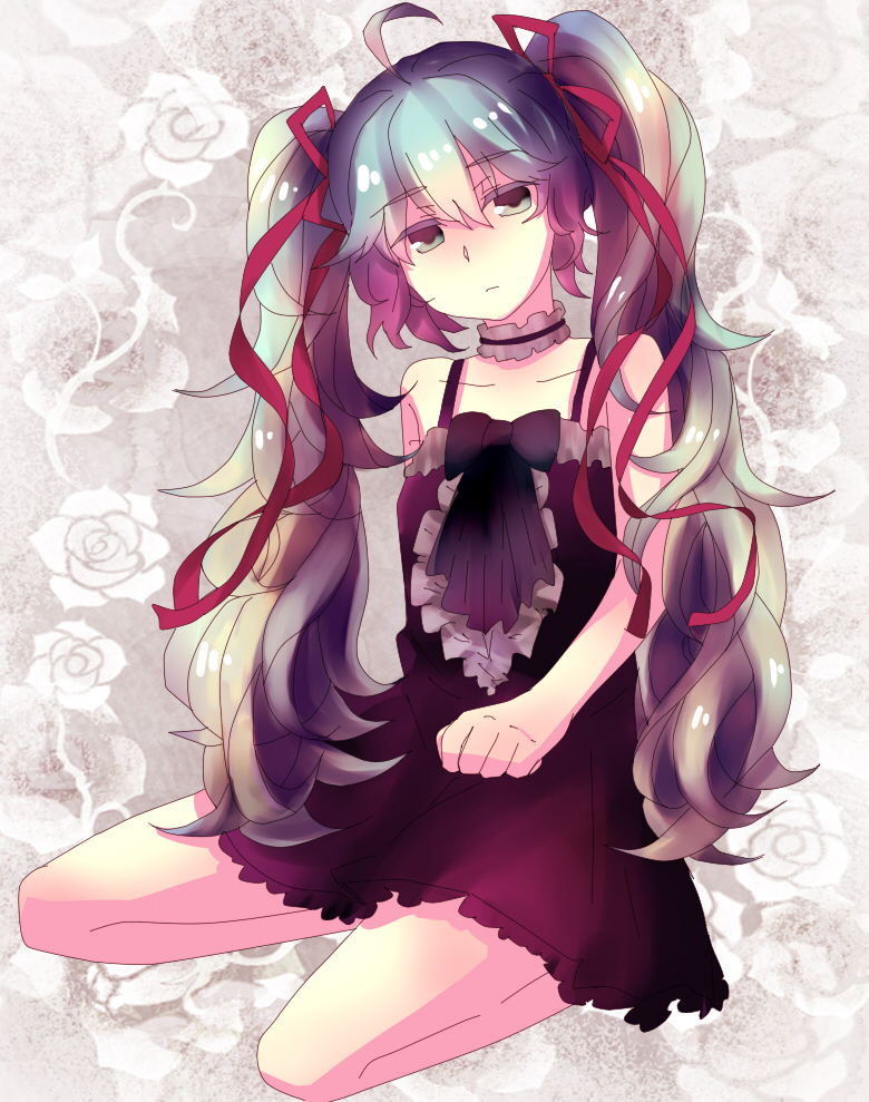 1girl, ahoge, anyaaki, choker, dress, female_focus, green_eyes, green_hair