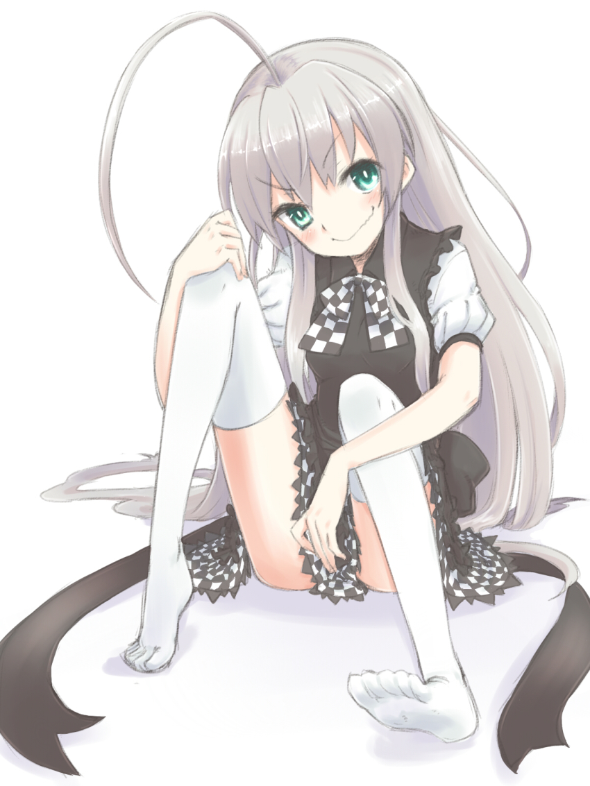 1girl, ahoge, black_dress, blush, dress, feet, female_focus, green_eyes