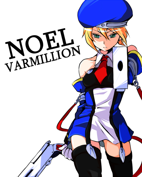 1girl, arc_system_works, bad_id, bad_pixiv_id, bare_shoulders, beret, black_thighhighs, blazblue, blonde_hair, character_name, chinmi_megu, detached_sleeves, dress, dual_wielding, english_text, engrish_text, female_focus, gloves, green_eyes, gun, handgun, hat, holding, necktie, noel_vermillion, pointing, pointing_at_viewer, ranguage, short_dress, short_hair, solo, thighhighs, typo, uniform, weapon, white_gloves, zettai_ryouiki