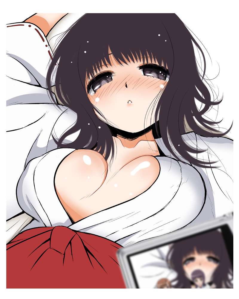 1girl, bad_id, bad_pixiv_id, black_eyes, black_hair, blush, breasts, breasts_apart, camera, female_focus, itsuwa, japanese_clothes, jitsudan, lying, miko, no_bra, open_clothes, open_shirt, parted_lips, shirt, short_hair, solo, toaru_majutsu_no_index, upper_body