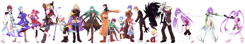 6+boys, 6+girls, ^_^, absurdres, ahoge, asbel_lhant, aston_lhant, belt, blonde_hair, blue_eyes, blue_hair, blue_shirt, boots, brothers, brown_hair, cheria_barnes, child, closed_eyes, copyright_name, cornell_(tales), dual_persona, earrings, emeraude_(tales), emeraude_(tales_of_graces), facial_hair, frederick_barnes, gauntlets, glasses, gloves, green_hair, grey_hair, grin, hair_ribbon, hairband, hat, heterochromia, highres, holding, hubert_ozwell, jewelry, kerri_lhant, knee_boots, kurt_(tales), kurt_(tales_of_graces), lambda, lambda_(tales), leggings, little_queen, long_hair, long_image, lydi_(dd), malik_caesars, multicolored_hair, multiple_boys, multiple_girls, mustache, o-ring, official_alternate_costume, outstretched_arm, pantyhose, pascal_(tales), pink_hair, purple_eyes, purple_hair, red_eyes, red_hair, ribbon, richard_(tales), shirt, siblings, smile, sophie_(tales), stick, sword, tales_of_(series), tales_of_graces, tales_of_graces_f, thigh_strap, thighhighs, tiara, time_paradox, twintails, two-tone_hair, very_long_hair, weapon, wide_image, yellow_eyes