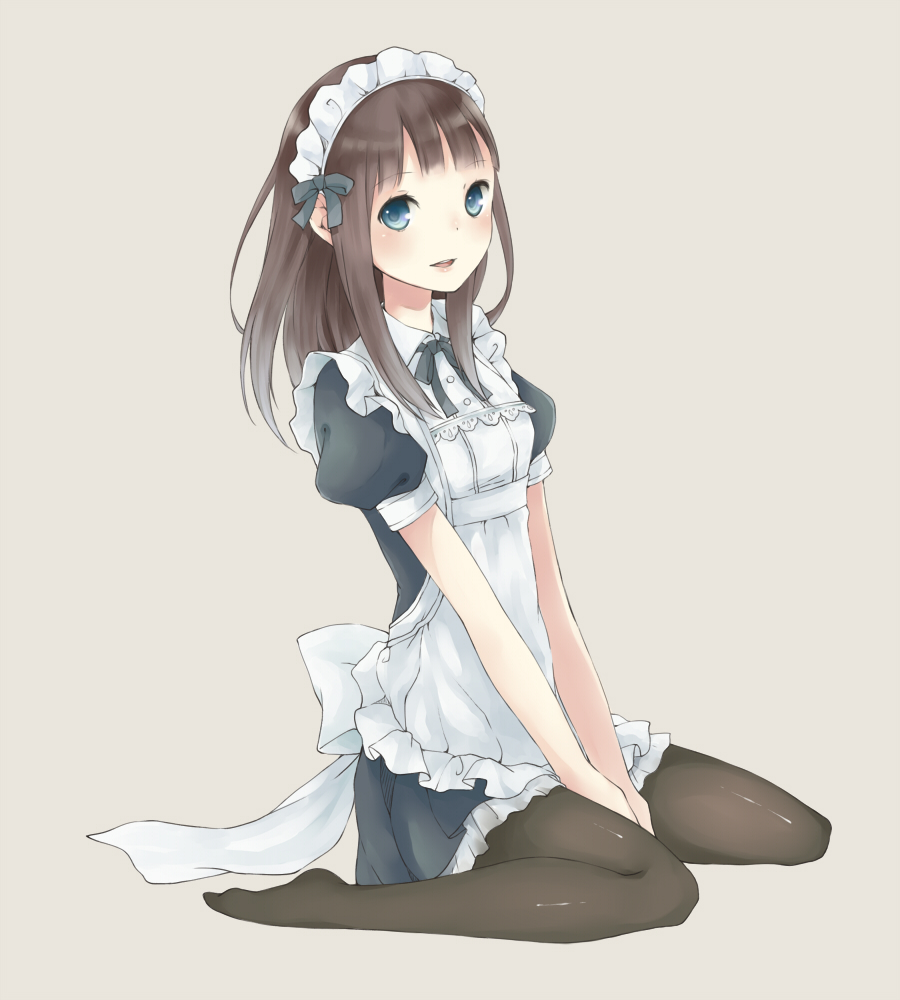 1girl, apron, between_thighs, black_pantyhose, blue_eyes, blush, brown_background, brown_hair
