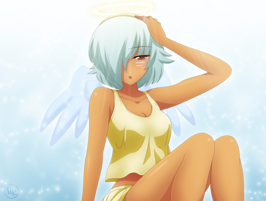 1girl, angel_wings, breasts, brown_eyes, cleavage, dark-skinned_female, dark_skin, derivative_work