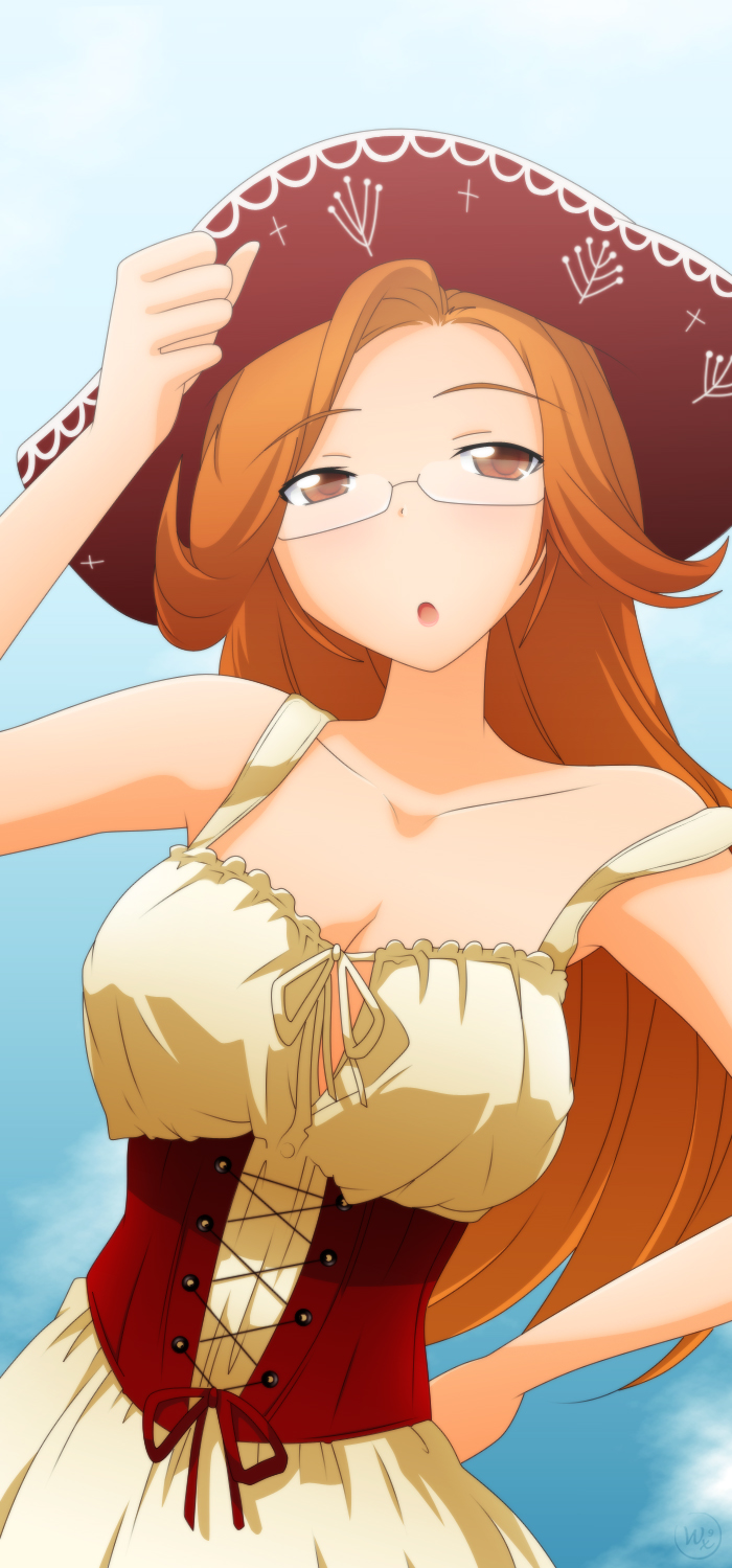 1girl, :o, breasts, brown_eyes, brown_hair, cleavage, corset, derivative_work, dress, female_focus, glasses, hand_on_own_hip, hat, highres, hip_focus, kami_nomi_zo_shiru_sekai, katsuragi_mari, large_breasts, long_hair, mature_female, no_bra, semi-rimless_eyewear, solo, strap_slip, under-rim_eyewear, von-cx