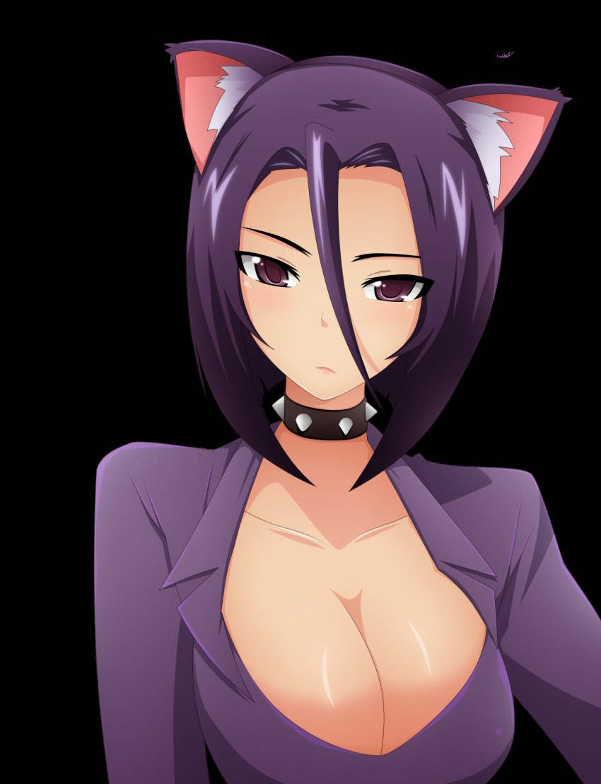 1girl, animal_ears, bob_cut, breasts, cat_ears, cleavage, collar, derivative_work, female_focus, hairband, highres, huge_breasts, kami_nomi_zo_shiru_sekai, kemonomimi_mode, large_breasts, nikaidou_yuri, purple_eyes, purple_hair, short_hair, solo, spiked_collar, spikes, transparent_background, von-cx
