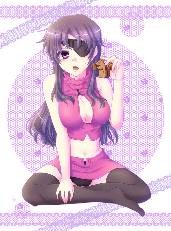 1girl, acorn, bad_id, bad_pixiv_id, breasts, chipmunk, cleavage, eyepatch, female_focus, large_breasts, long_hair, miki_souya, mirai_nikki, navel, panties, pantyshot, purple_eyes, purple_hair, sidelocks, simple_background, sitting, solo, squirrel, thighhighs, unbuttoned, underwear, uryuu_minene