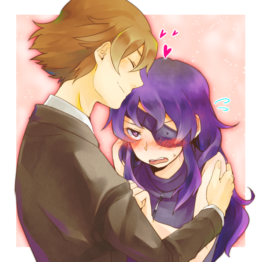 1boy, 1girl, bad_id, bad_pixiv_id, bare_shoulders, blush, brown_hair, couple, embarrassed, eyepatch, closed_eyes, formal_clothes, hetero, hug, long_hair, mirai_nikki, nishijima_masumi, purple_eyes, purple_hair, ruchi, sidelocks, suit, transparent_background, tsundere, uryuu_minene